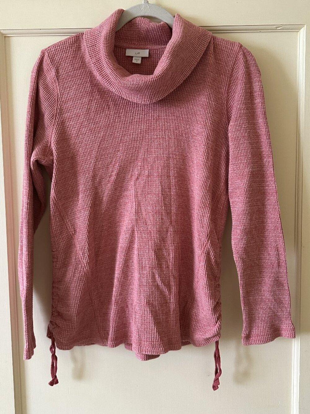 J.Jill Womens Medium Waffle Knit Cowl Neck Sweater Rose Red Ruched Sides
